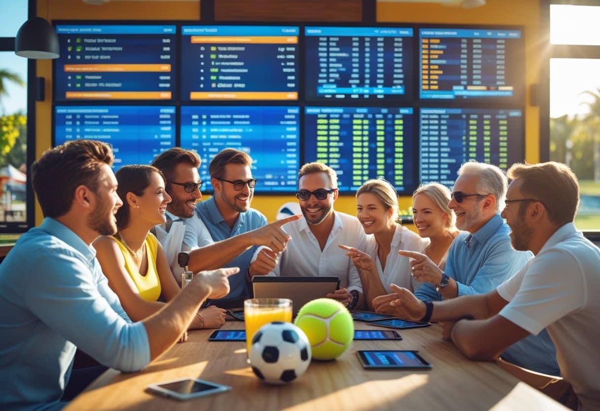v2-uofds-ll7nv - Betting Online A group of adults in a sports bar watching a large screen with sports data, discussing and using devices to place bets, with summer sports equipment on tables.