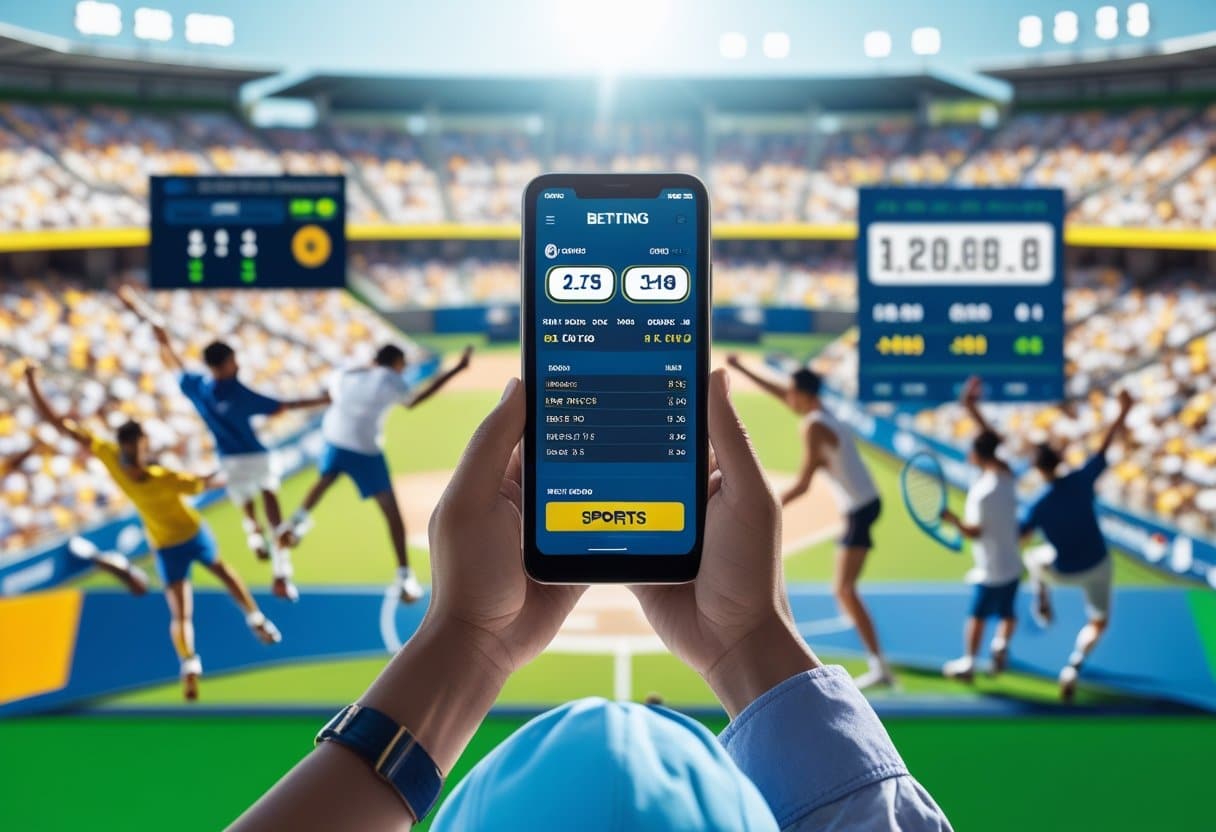Athletes playing soccer, tennis, and baseball in a sunny stadium with fans, alongside a person using a smartphone showing sports betting information.