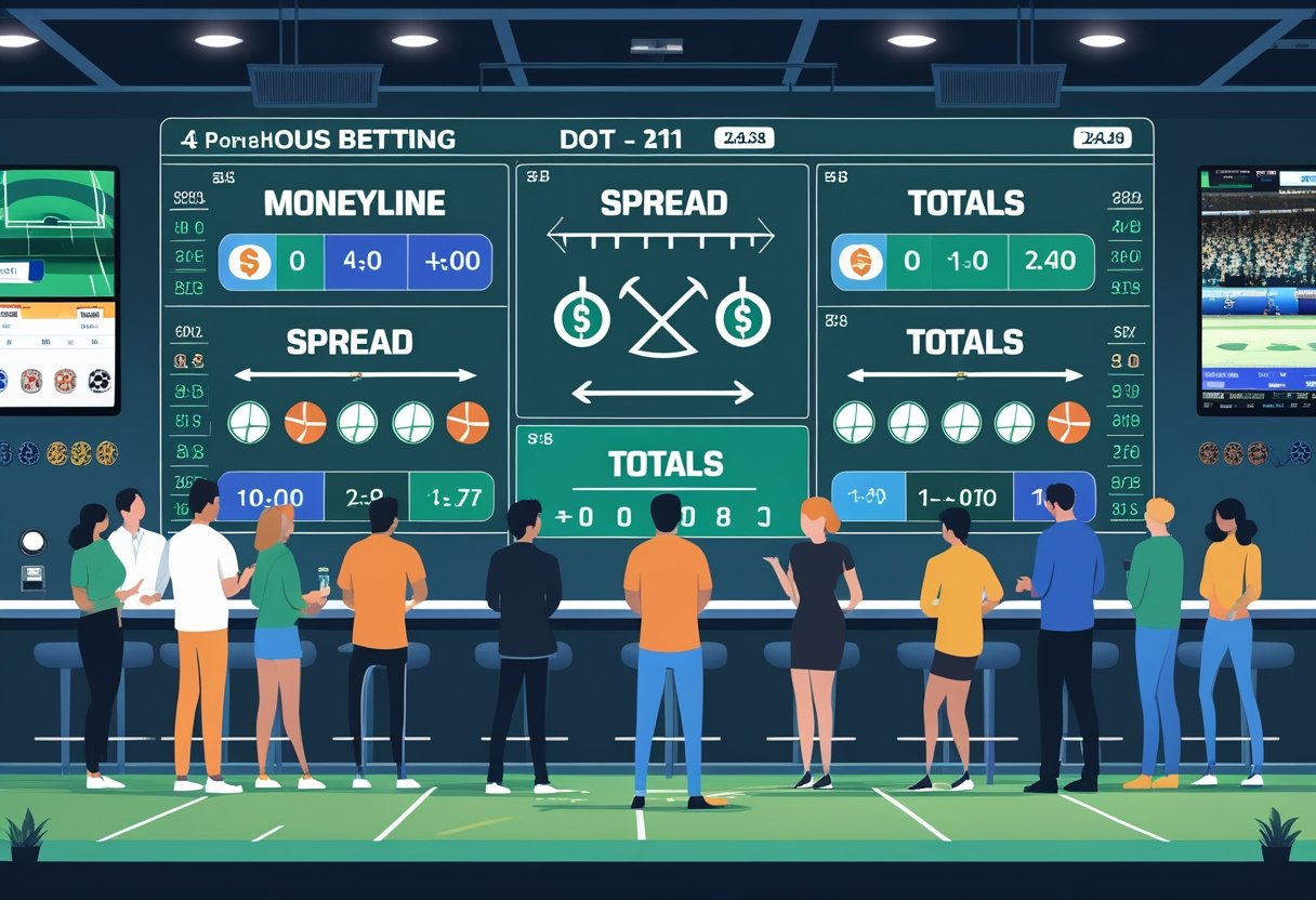 People gathered around a large digital sports betting board showing icons for different types of bets in a modern sports bar setting.