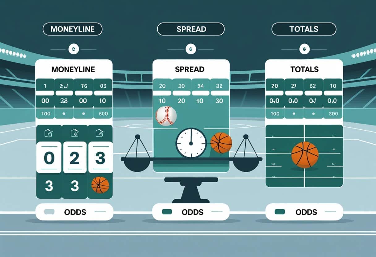 An illustration showing three sections representing Moneyline, Spread, and Totals bet types with sports elements like scoreboards, scales, and game clocks.