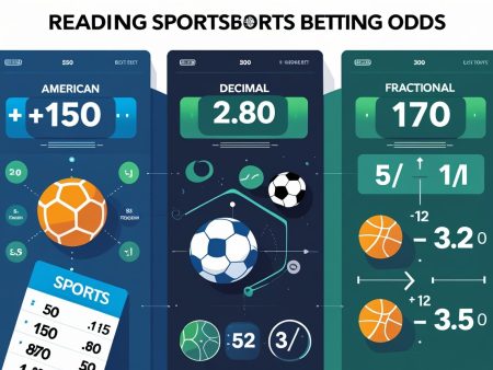 Infographic showing American Odds (+150), Decimal Odds (2.80), and Fractional (5/1) sports betting odds, with sample numbers, sports balls, and calculations beneath each type. Title: READING SPORTS BETTING ODDS.
