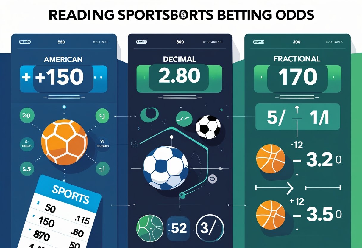 Three side-by-side panels illustrating American, Decimal, and Fractional sports betting odds with numbers and sports icons, showing different ways to read betting odds.