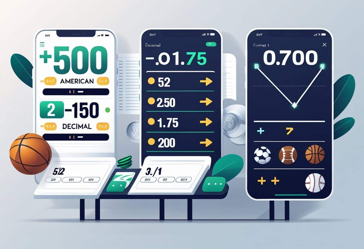 An illustration showing three types of sports betting odds: American odds on a digital scoreboard, decimal odds on a digital display with betting slips and coins, and fractional odds on a chalkboard with sports icons around.