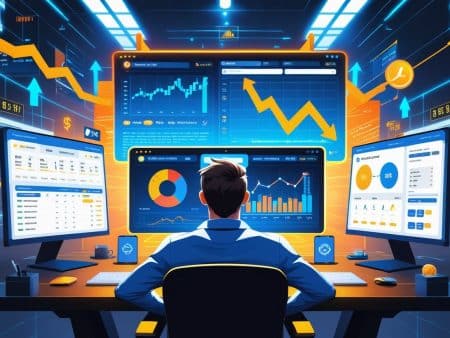 A person sits at a desk with multiple computer monitors displaying financial charts, stock graphs, and data analytics in a high-tech, brightly lit office environment—managing risks and tracking real-time success as blue and yellow arrows indicate market trends.