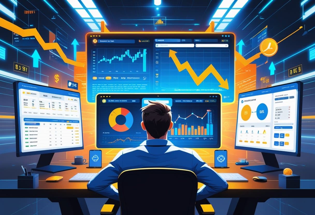 A person analyzing live sports events and betting odds on multiple screens in a high-tech setting, surrounded by charts and symbols representing risk and opportunity.