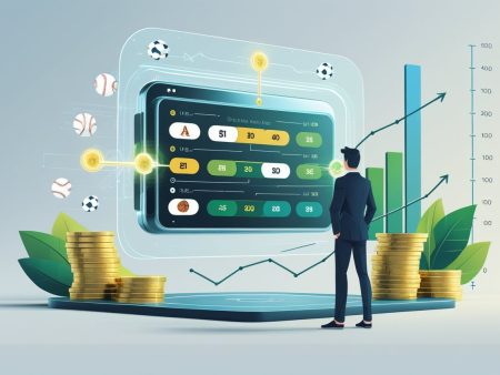 A man in a suit stands before a large digital sports betting screen, surrounded by stacks of coins, sports balls, and upward graphs—visualizing financial growth while maximizing value through single-game parlays.