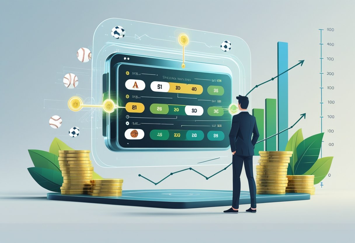 A person using a digital sports betting interface showing connected betting options and sports icons, with graphs indicating growth in the background.