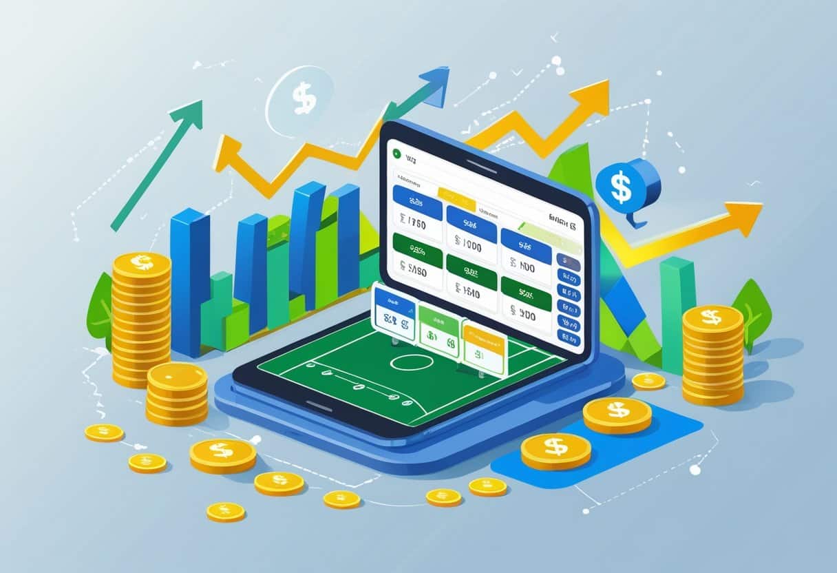 A digital device displaying linked sports bets with charts and coins around it symbolizing bigger returns from correlated single-game parlays.
