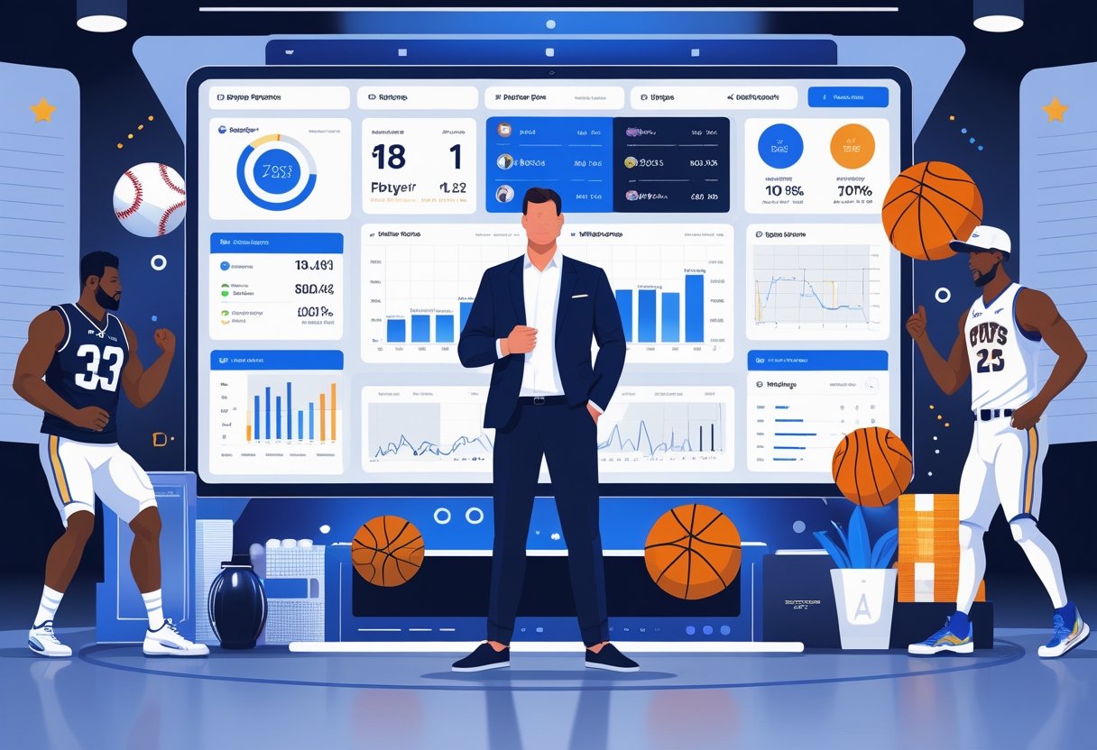 A sports analyst reviewing player and team statistics on a large digital screen with charts and graphs, surrounded by images of athletes from various sports.