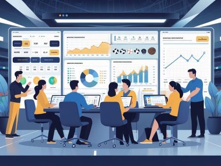 A team of people sits at tables with laptops, analyzing sports statistics and charts—focusing on team prop strategies—displayed on large screens in a modern, tech-focused office within a sports stadium setting.