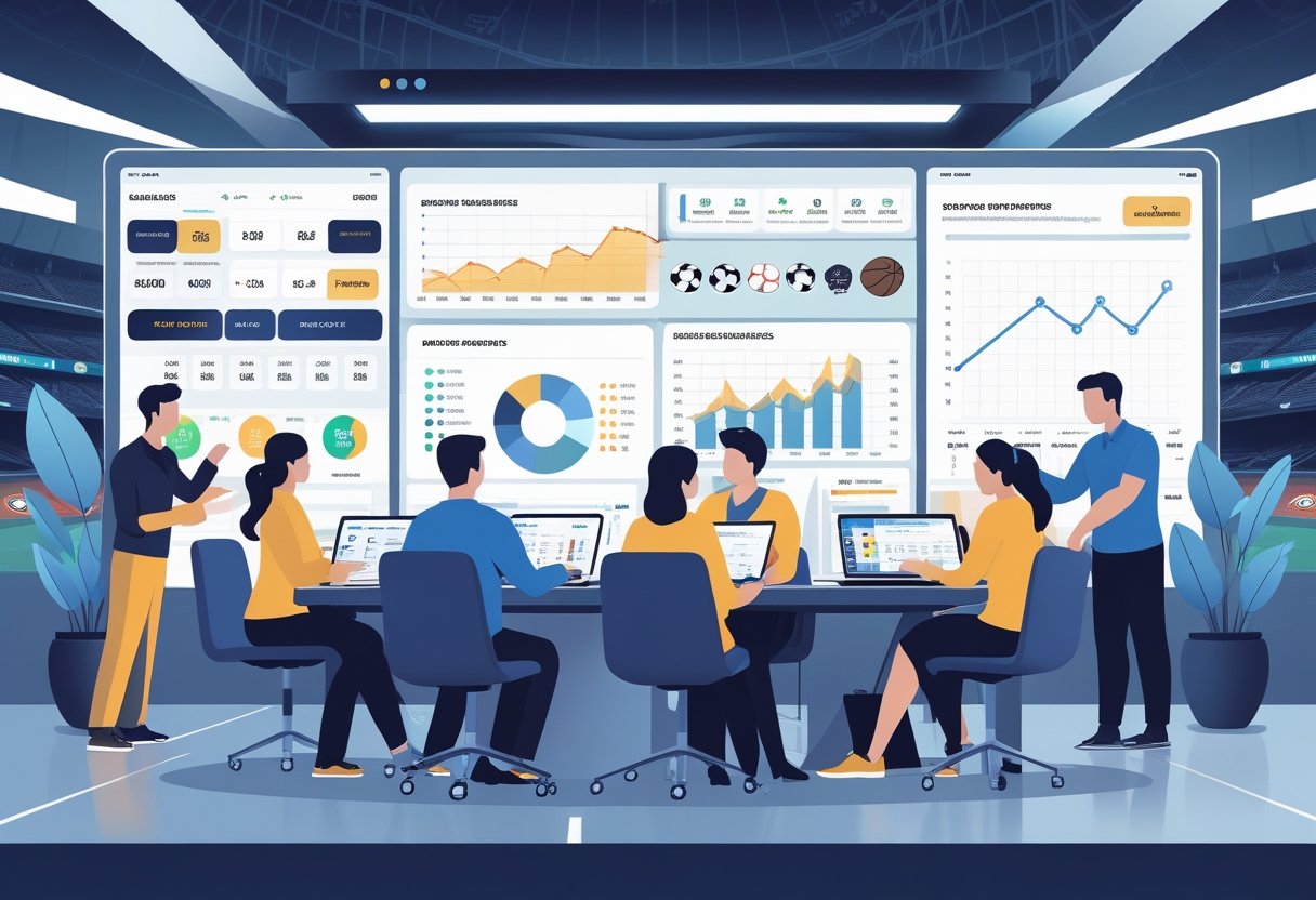 A group of sports analysts working together around a table with digital screens showing sports statistics, charts, and player performance data.