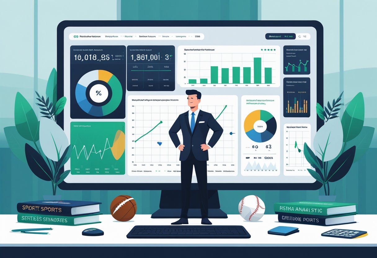 A sports analyst in an office studies charts and graphs on a large screen showing probabilities and expected values related to sports outcomes, with sports icons nearby.