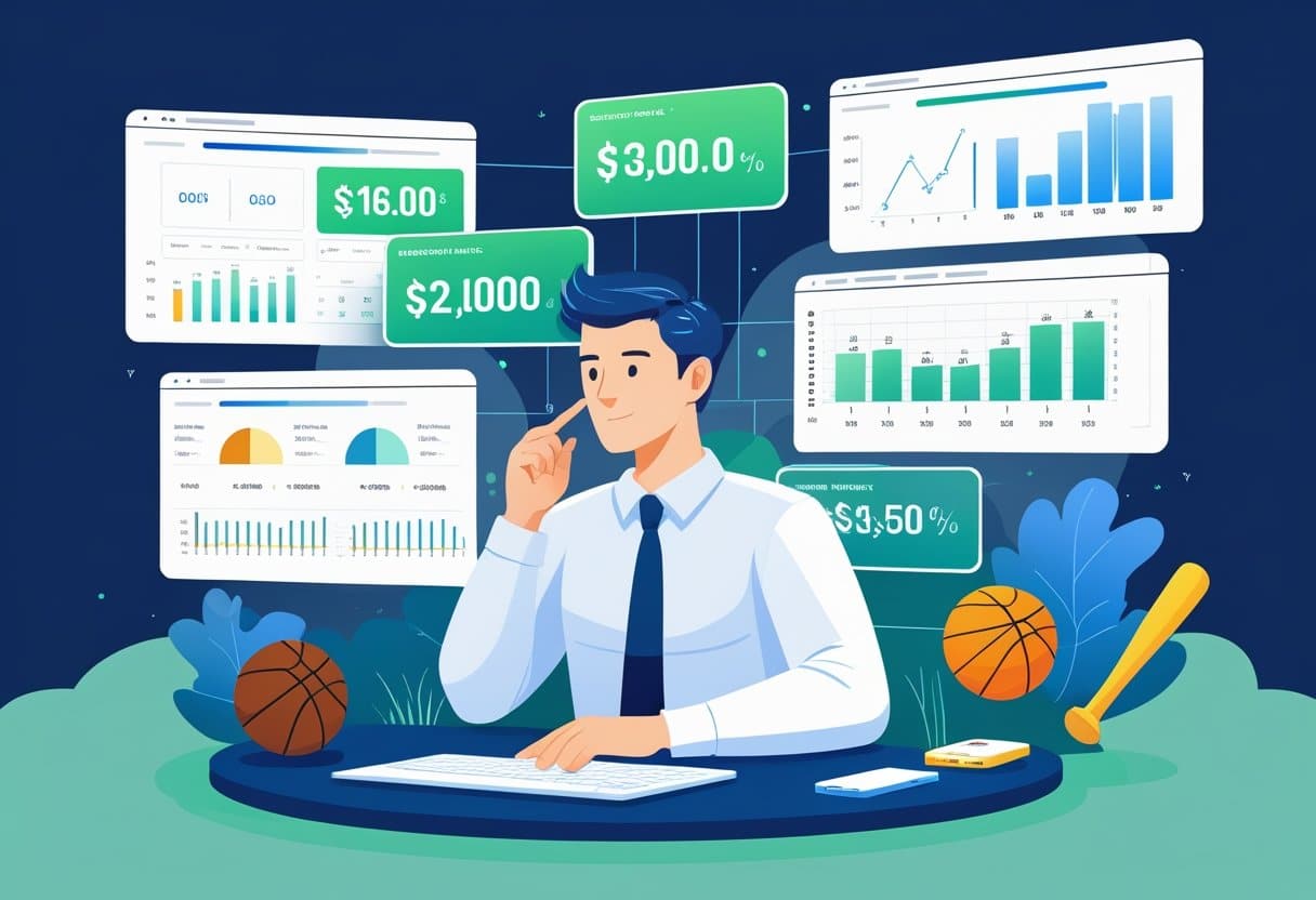 A person analyzing sports betting data on multiple digital screens with graphs and probability charts, surrounded by subtle sports equipment symbols.