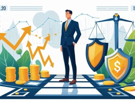 A confident businessman stands on a checkered floor with stacks of coins, upward-trending graphs, shields, a dollar sign, and scales, symbolizing financial growth, reducing risk, and smart decision-making.
