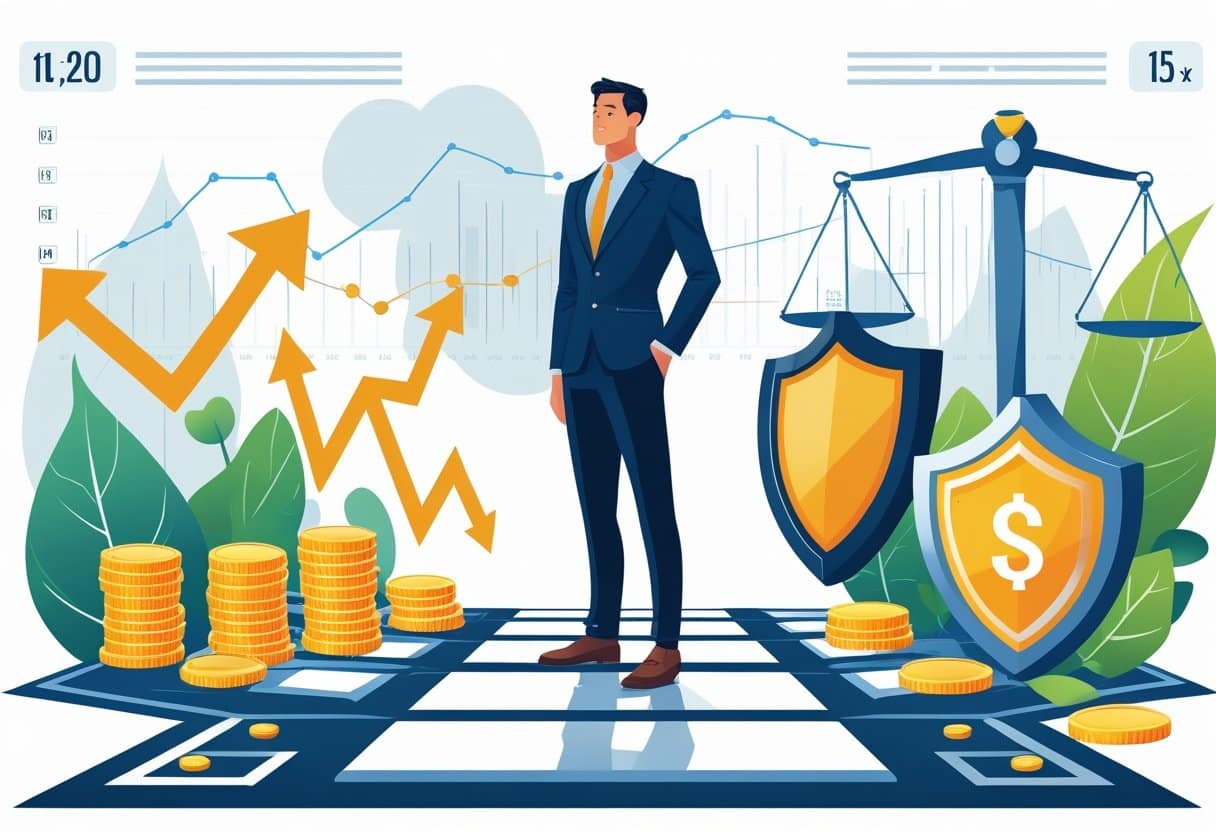 A businessperson standing at a crossroads with paths showing profits and risk protection, surrounded by financial charts and symbols.