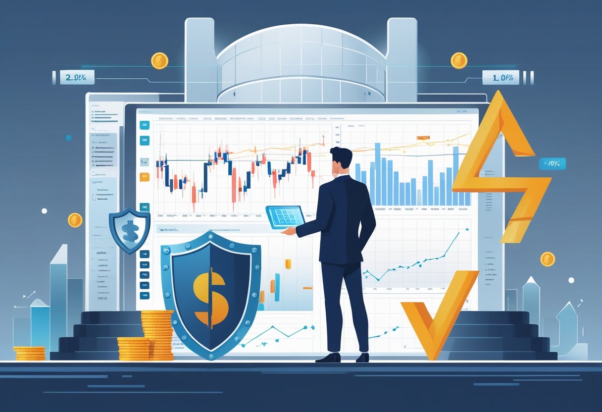 A businessperson standing before a digital interface with financial charts, surrounded by symbols of protection like a shield, balanced scales, and arrows representing market trends.