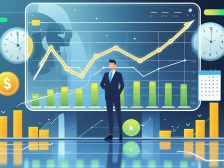 A businessman stands before a large financial chart with rising graphs, clocks, coins, and a calendar, symbolizing financial growth and investment—perfect for those making long-term wagers or futures bets in pursuit of bigger payouts.
