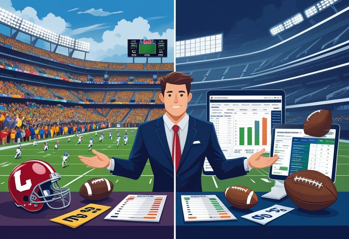 A split scene showing a college football stadium on one side and an NFL stadium on the other, with a person analyzing betting odds and statistics in the center.