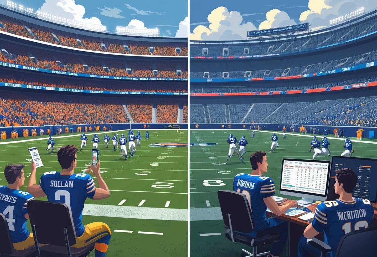 A split scene showing a lively college football stadium on one side and a professional NFL stadium on the other, with fans, players, and bettors engaged in analyzing game statistics and placing bets.