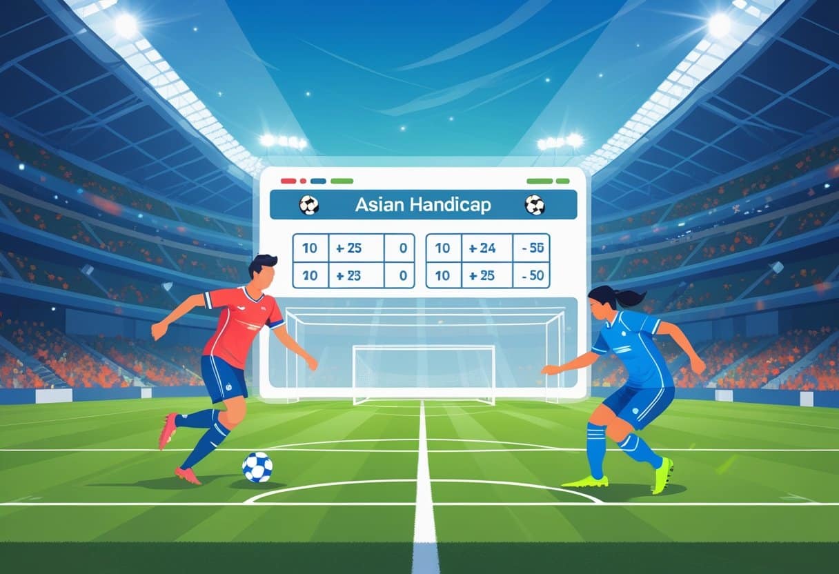 A soccer stadium with two players competing on the field and a transparent graphic showing betting odds and handicaps overlaid.