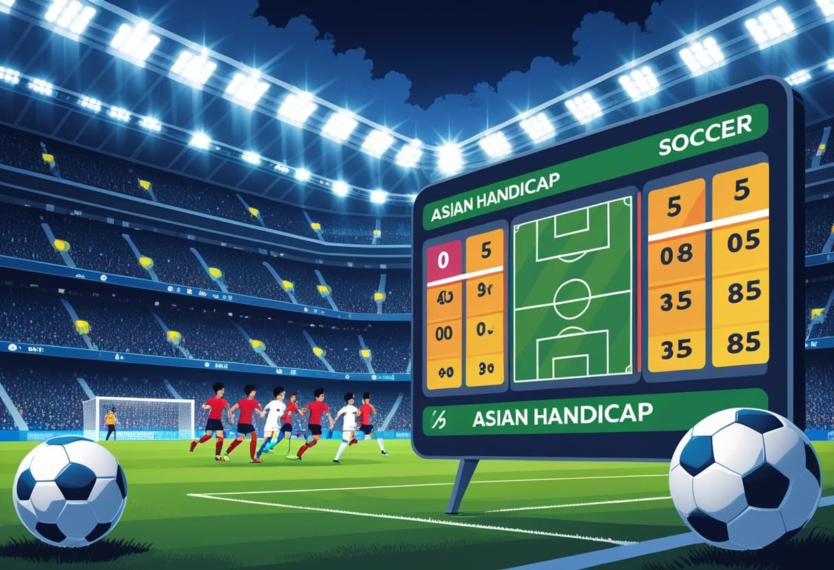 A soccer stadium with players competing on the field, a scoreboard showing match details, and visual elements representing Asian Handicap betting odds and options.
