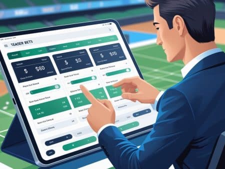 A man in a suit uses a large tablet for smart wagering, browsing various point spreads and odds as he places sports bets. A sports field is visible in the blurred background.