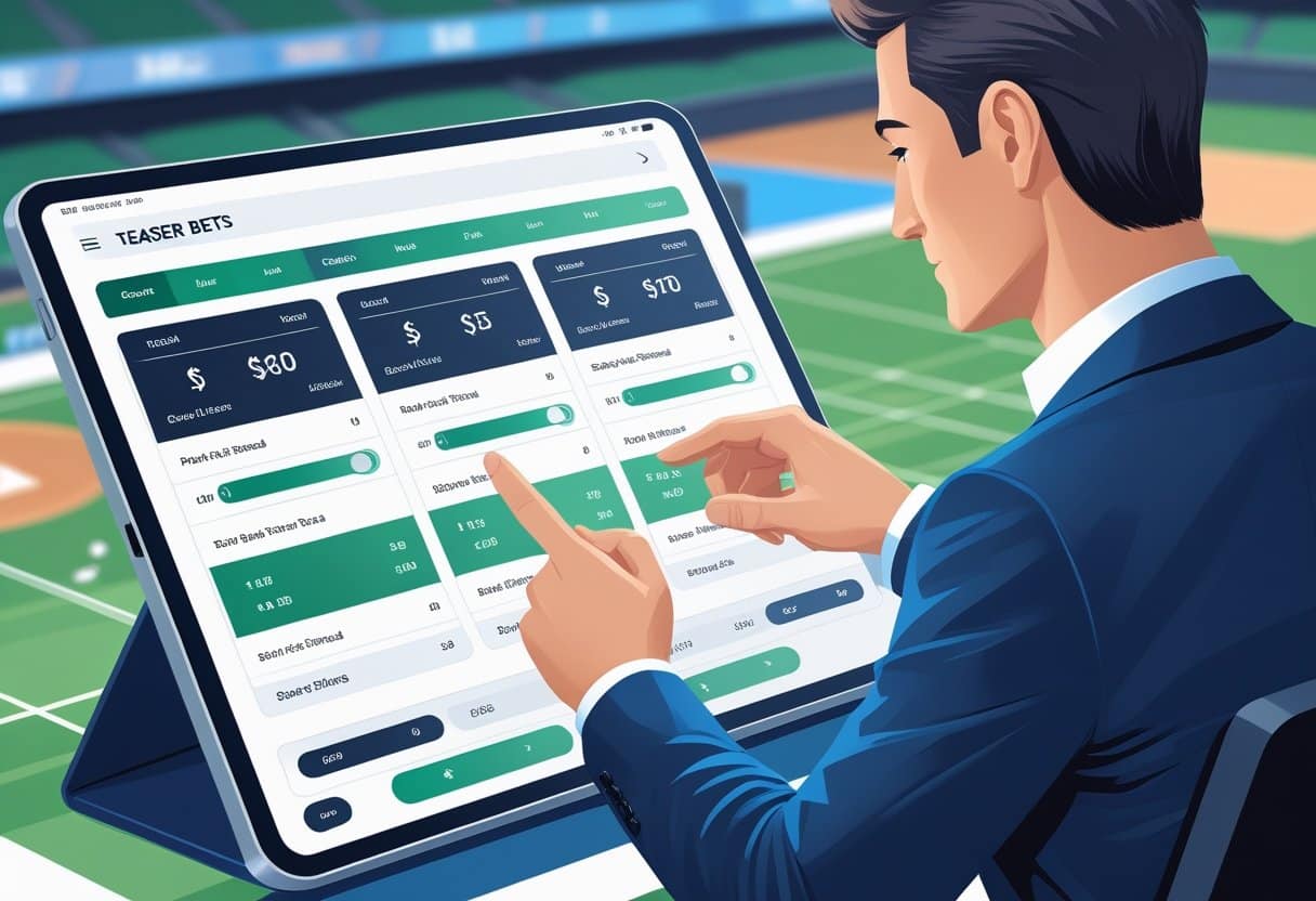 A person adjusting point spreads and totals on a digital sports betting interface with sports fields in the background.