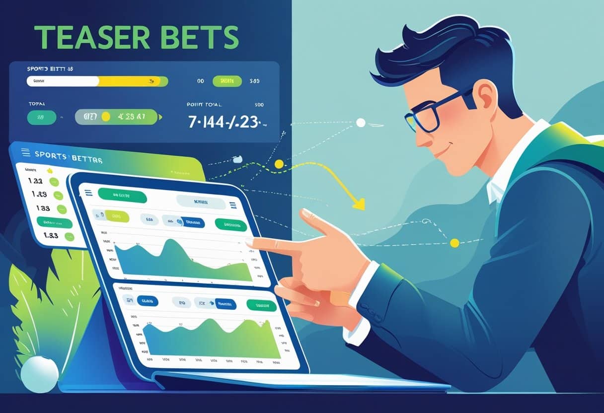 A person adjusting point spreads and totals on a digital sports betting interface with a scoreboard in the background.