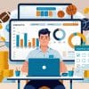 A man sits at a desk with a laptop, surrounded by stacks of coins. Behind him, screens display sports betting charts and bankroll management tips—highlighting the importance for sports bettors to practice setting limits in their analytical approach.