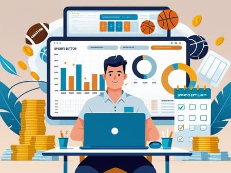 A man sits at a desk with a laptop, surrounded by stacks of coins. Behind him, screens display sports betting charts and bankroll management tips—highlighting the importance for sports bettors to practice setting limits in their analytical approach.