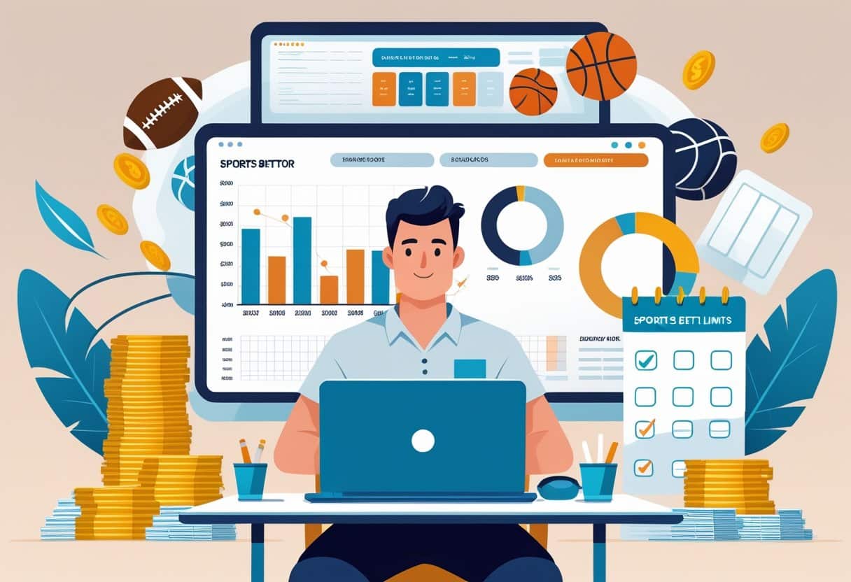 A person at a desk with a laptop, cash, a calculator, and a budget planner, surrounded by sports icons, representing managing money for sports betting.