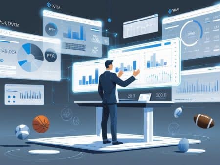 A man in a suit analyzes advanced sports metrics on large digital screens at a modern workstation, surrounded by floating basketball, soccer ball, football, and baseball, symbolizing a data-driven approach to smarter betting decisions in sports analytics.