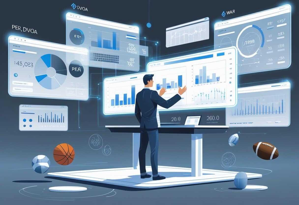 An analyst interacts with floating digital screens showing sports statistics and graphs, with sports equipment in the background.