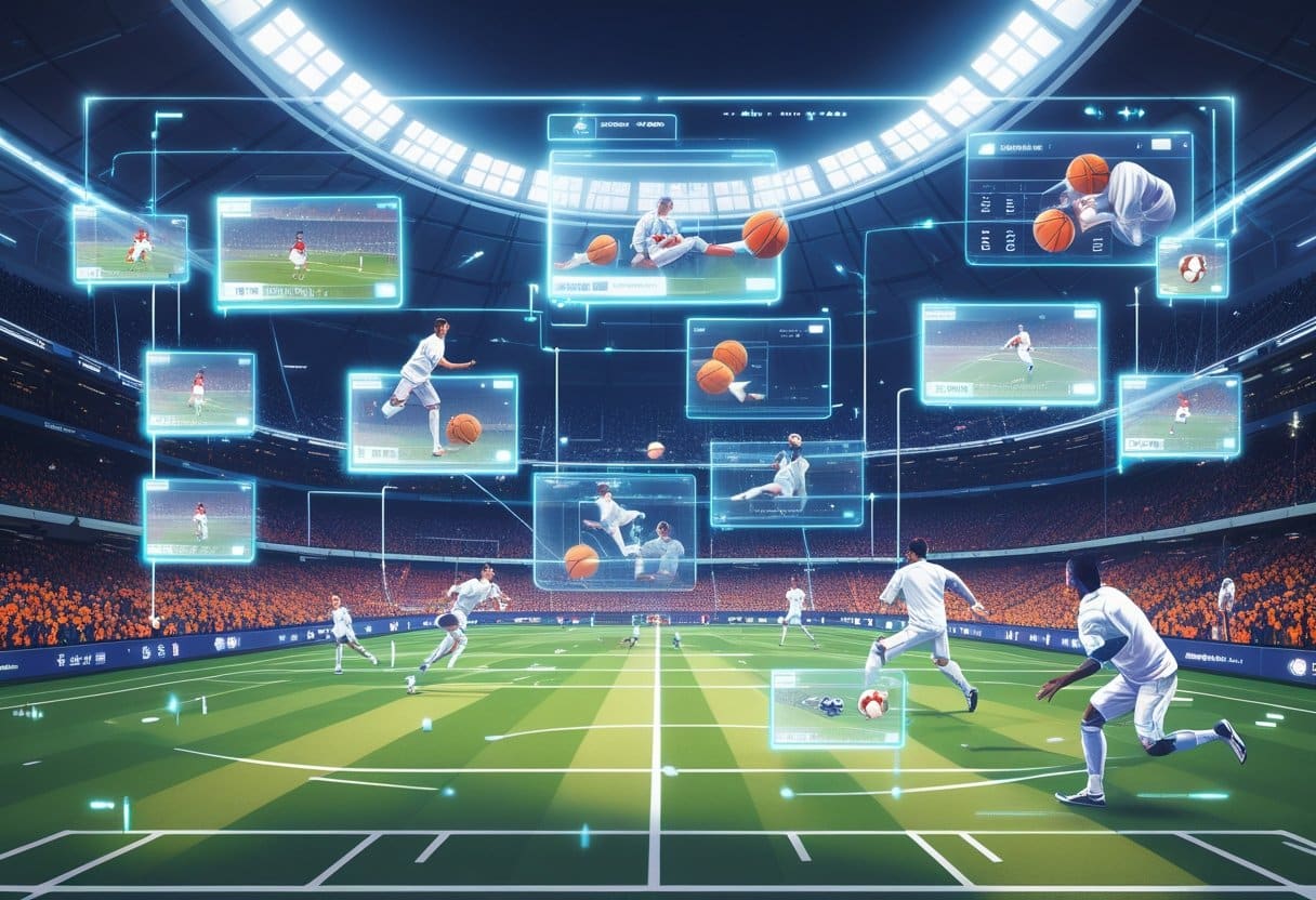 Soccer players in white uniforms compete in a futuristic stadium with digital screens showing live stats, action replays, and player moves—enhancing the fan experience with advanced sports technology and in-play betting features. - Betting Online A sports stadium showing a live game with digital overlays highlighting key moments, player actions, and real-time betting data.
