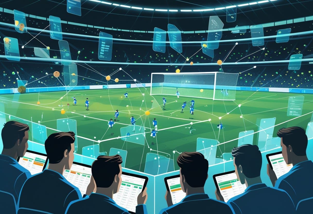 A stadium scene with a soccer match in progress, viewers in the foreground analyzing micro betting data on tablets, and digital graphics showing stats, charts, and connections overlaying the action, symbolizing sports data analysis. - Betting Online A sports event broken into small moments with people using devices to analyze data for betting opportunities.
