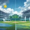 A major sports baseball stadium sits under partly sunny skies as rain pours onto the field, forming puddles. Players remain on the field, empty stands surround them, and the scoreboard displays stats amid unpredictable weather conditions.