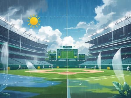 A major sports baseball stadium sits under partly sunny skies as rain pours onto the field, forming puddles. Players remain on the field, empty stands surround them, and the scoreboard displays stats amid unpredictable weather conditions.