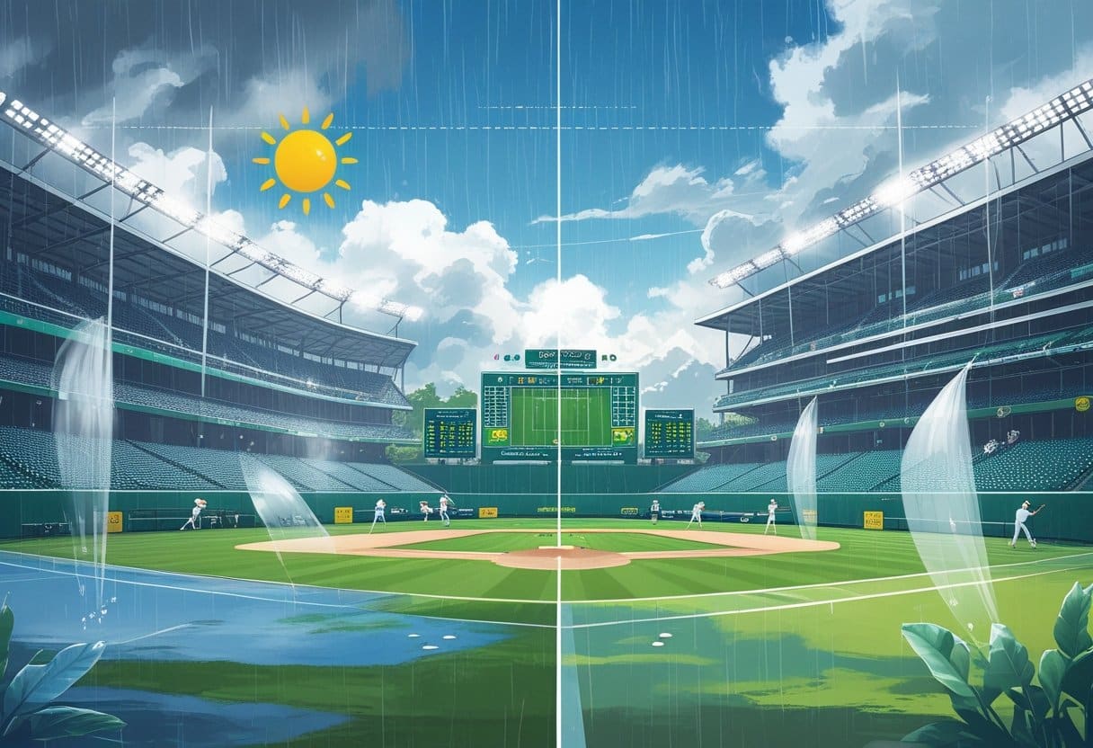 A detailed scene showing different sports venues including a rainy football stadium, sunny baseball field, windy tennis court, and foggy golf course, illustrating how weather affects sports and betting.