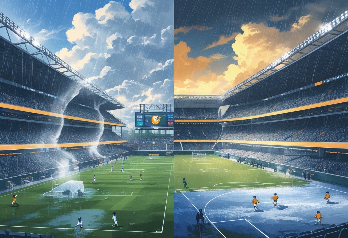 Illustration showing football, baseball, basketball, and soccer players in stadiums experiencing different weather conditions like rain, snow, sunshine, and wind, highlighting how these factors affect the games.