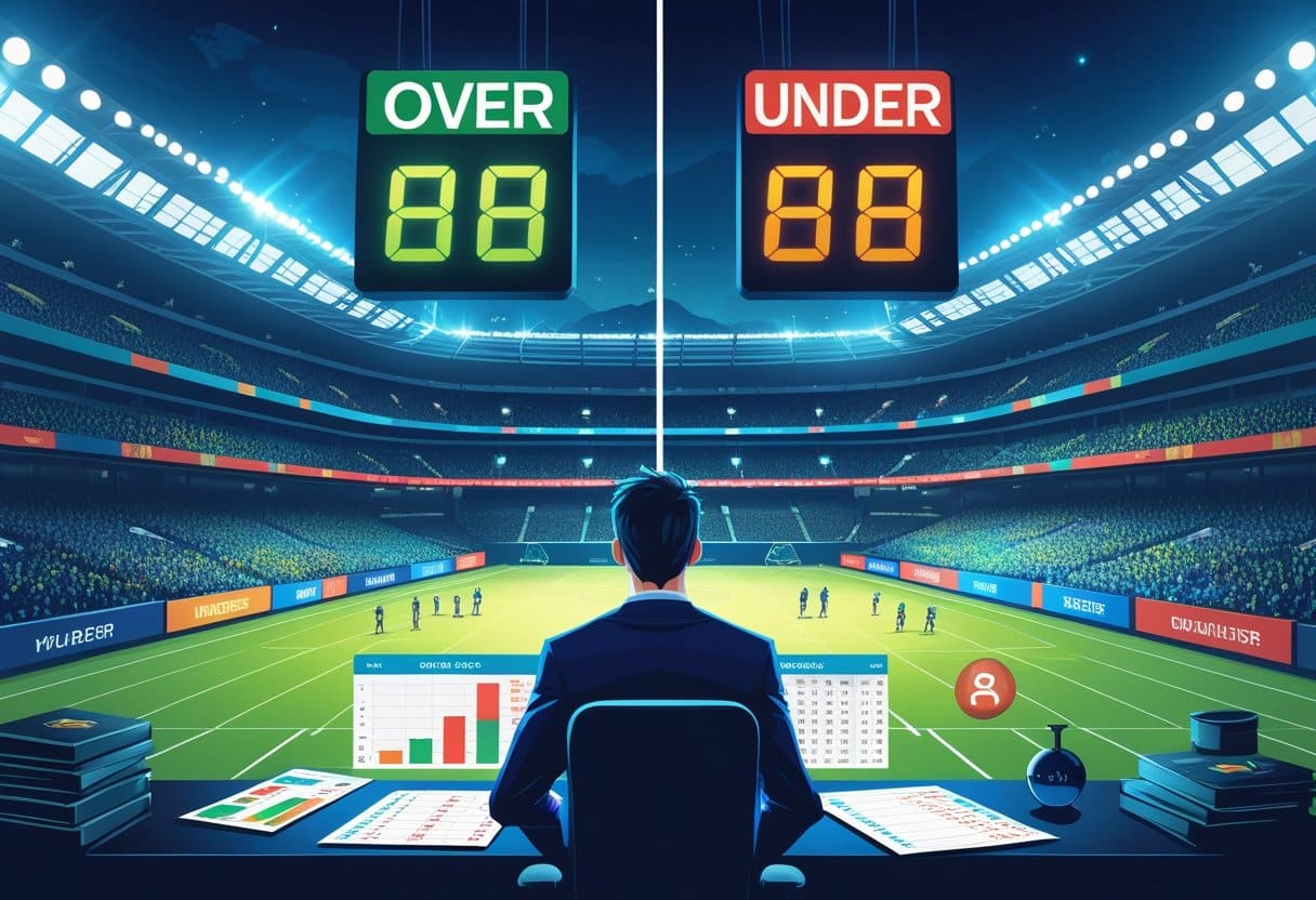 A person sits at a desk in a stadium, analyzing charts and documents related to Over/Under Bets. Large digital OVER and UNDER signs display zeroes as the brightly lit, spectator-filled arena buzzes with scoring-based wagers. - Betting Online A sports stadium with a scoreboard showing high and low scores, a person analyzing data charts and betting slips, and graphical arrows indicating over and under scoring.