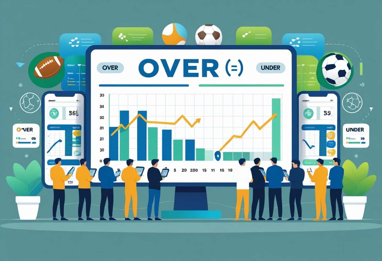 A group of people analyze sports betting data on a large screen showing graphs, charts, and Over/Under Bets options, with scoring-based wagers and sports icons like footballs and soccer balls in the background. - Betting Online A split scene showing groups of people analyzing sports scores and graphs on tablets and charts, with a central scoreboard displaying a total score and arrows indicating score changes.