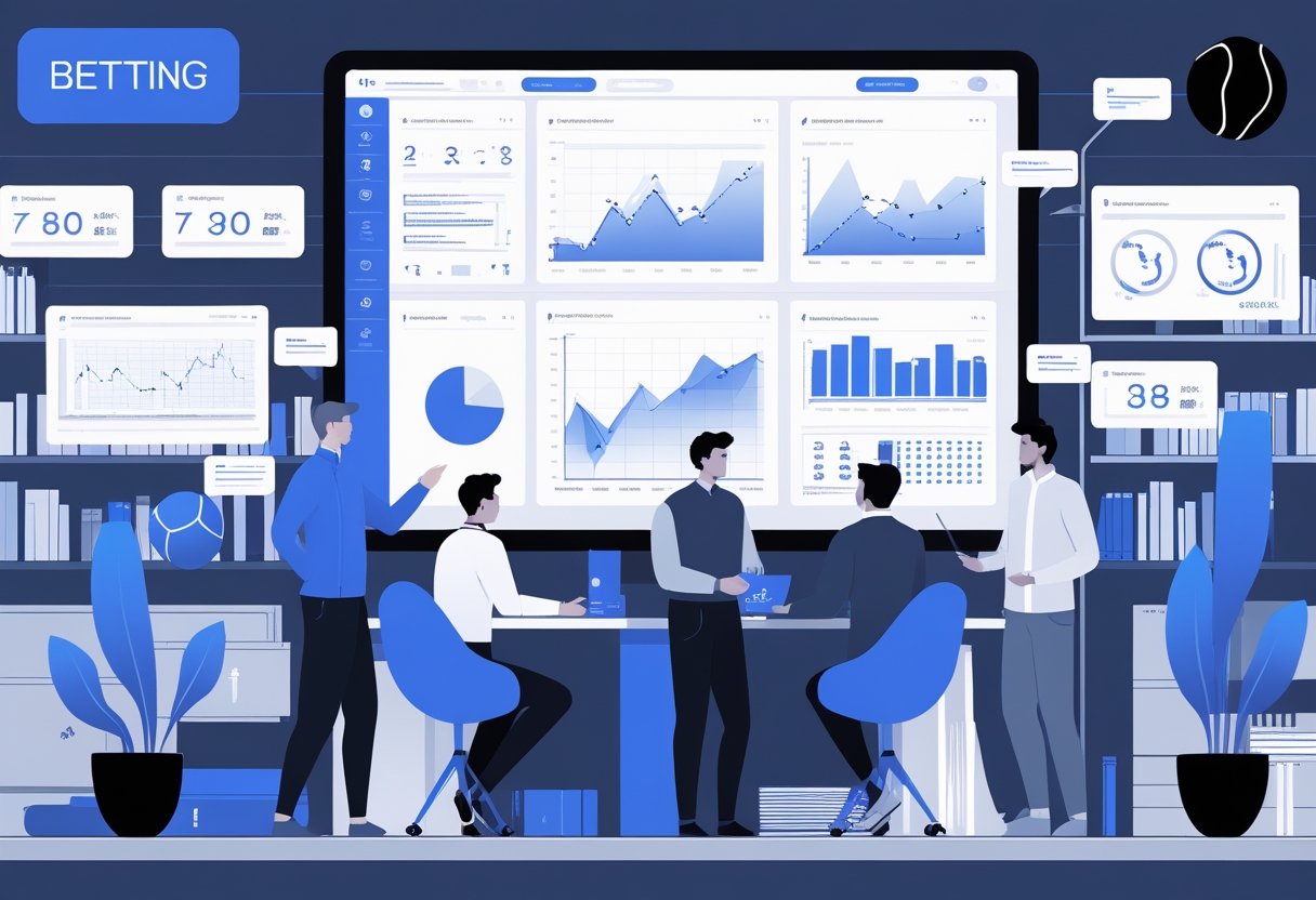 A group of professionals analyzing data and charts on a computer screen with sports-related icons nearby, working together in a modern office setting.