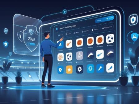 A person stands in front of a large digital screen displaying the best sports betting app interface, featuring icons for various teams and top sports betting app features, all set inside a modern, futuristic stadium environment.