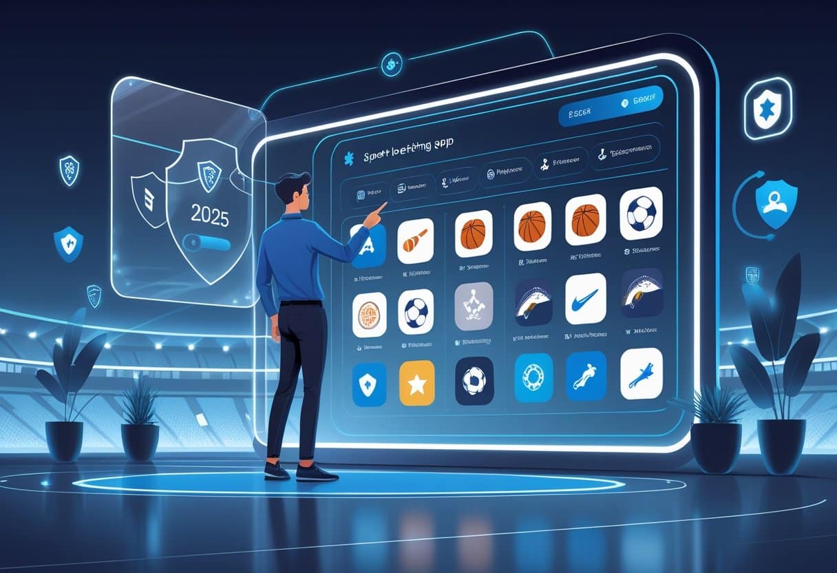 A person stands in front of a large digital screen displaying the best sports betting app interface, featuring icons for various teams and top sports betting app features, all set inside a modern, futuristic stadium environment. - Betting Online A person selecting a sports betting app on a large futuristic touchscreen with floating icons representing different sports and key features.