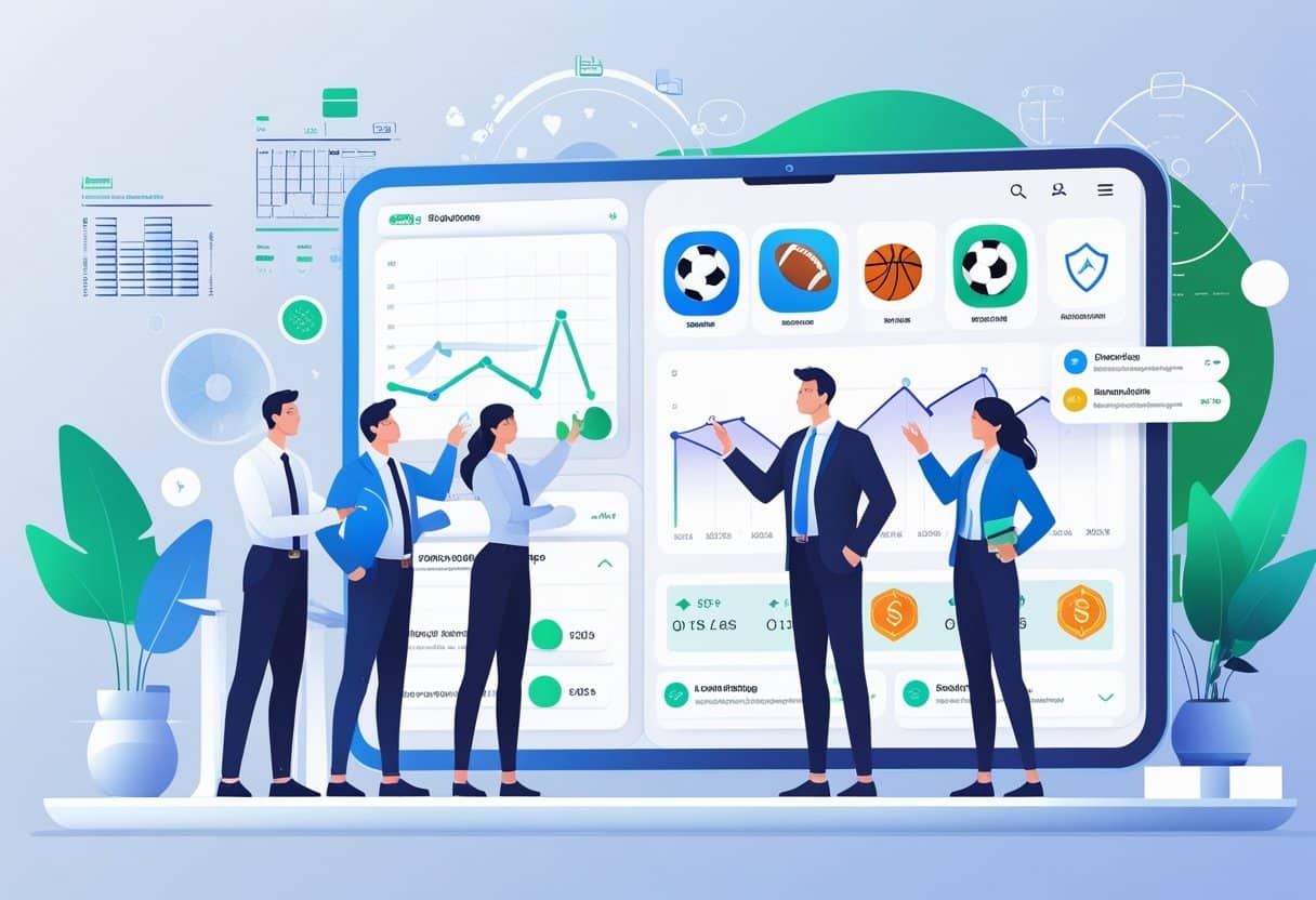 Four businesspeople discuss data and charts in front of a large tablet displaying graphs, sports icons, and financial statistics, highlighting top sports betting app features with digital and financial elements in the background. - Betting Online A group of professionals analyzing sports betting app icons and data on a large transparent touchscreen in a modern office setting.