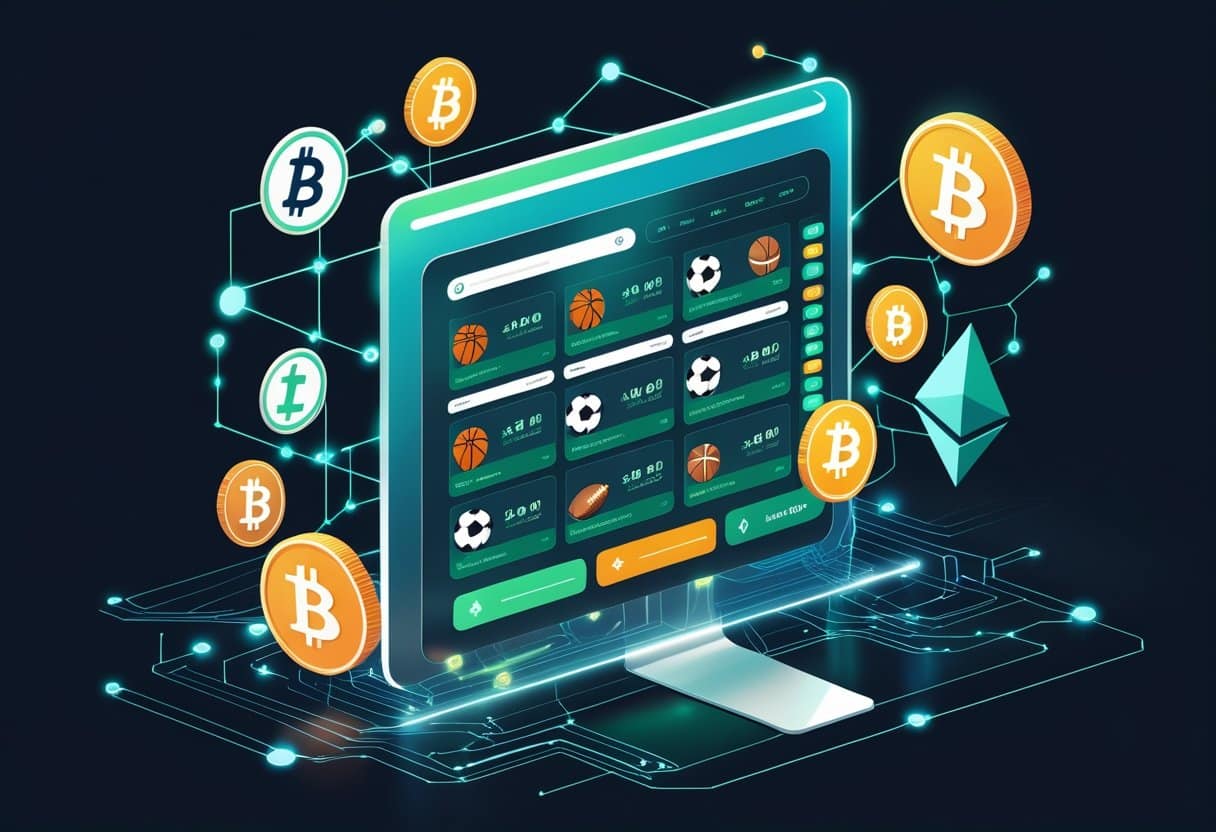 A digital sports betting screen showing various sports icons surrounded by glowing cryptocurrency symbols and blockchain network visuals.