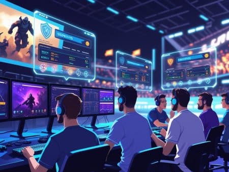 Five gamers wearing headsets compete at computers in a brightly lit esports arena, with digital screens displaying game stats, market types, and action scenes above them. An excited audience follows the action, eager to pick up expert tips.