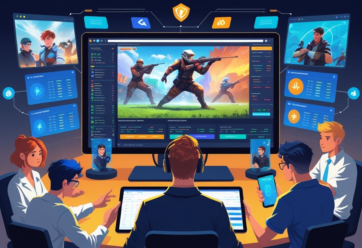 People analyzing esports matches and betting markets on screens, surrounded by gaming icons and digital charts in a modern setting.