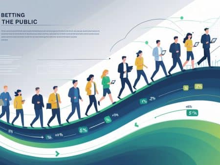 Illustration of business people walking in a line along a rising graph curve, holding devices and documents, with percentage signs and upward arrows, symbolizing public betting trends and the impact of riding the wave or fading the public.