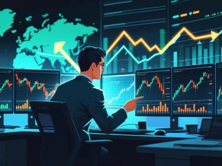 A person in a suit sits at a desk with multiple monitors displaying stock charts, bar graphs, and a world map with arrows, suggesting financial analysis, spotting value opportunities, and tracking line movement as the market adjusts in a modern office.
